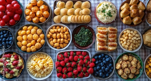 Festa Junina Traditional Snacks and Desserts on Gingham Cloth with Flags and Straw Hat