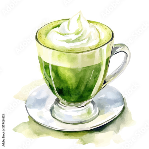 watercolor vector of Matcha Latte, isolated on a white background. Matcha Latte vector

