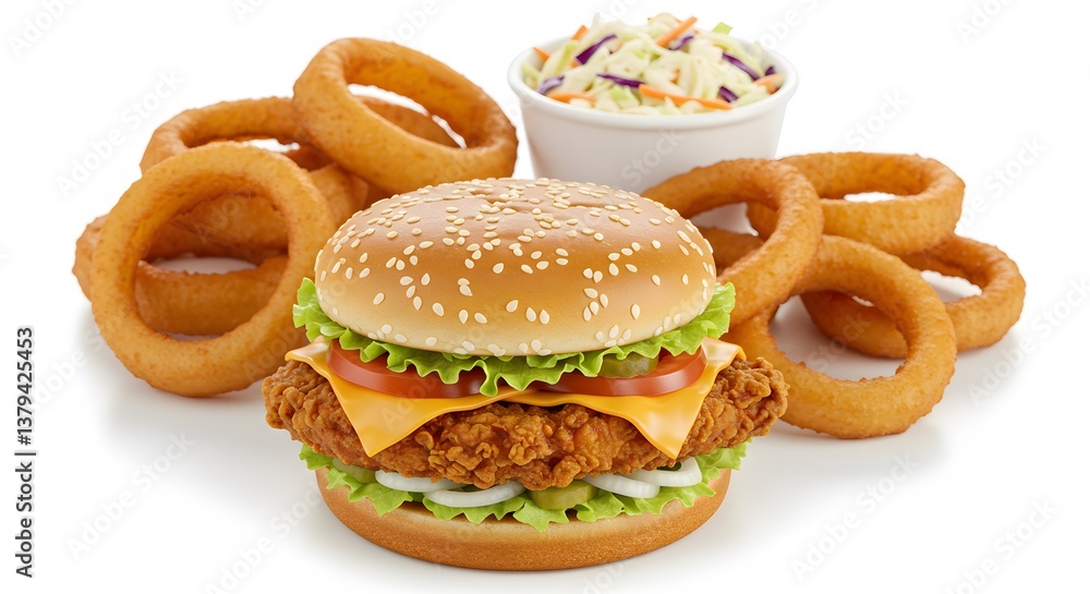 Crispy chicken burger with onion rings and coleslaw on white background Crispy chicken burger with onion rings and coleslaw on white background