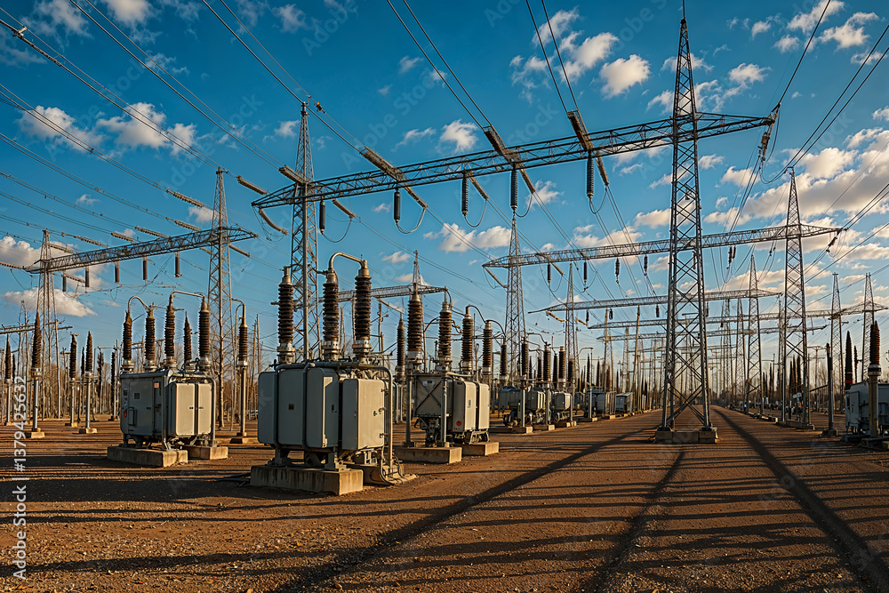 custom made wallpaper toronto digitalHigh voltage power substation with transformers and transmission lines under blue sky generating electricity for energy distribution