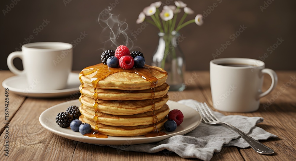 Stack of Delicious Pancakes with Berries and Maple Syrup for Breakfast Stack of Delicious Pancakes with Berries and Maple Syrup for Breakfast