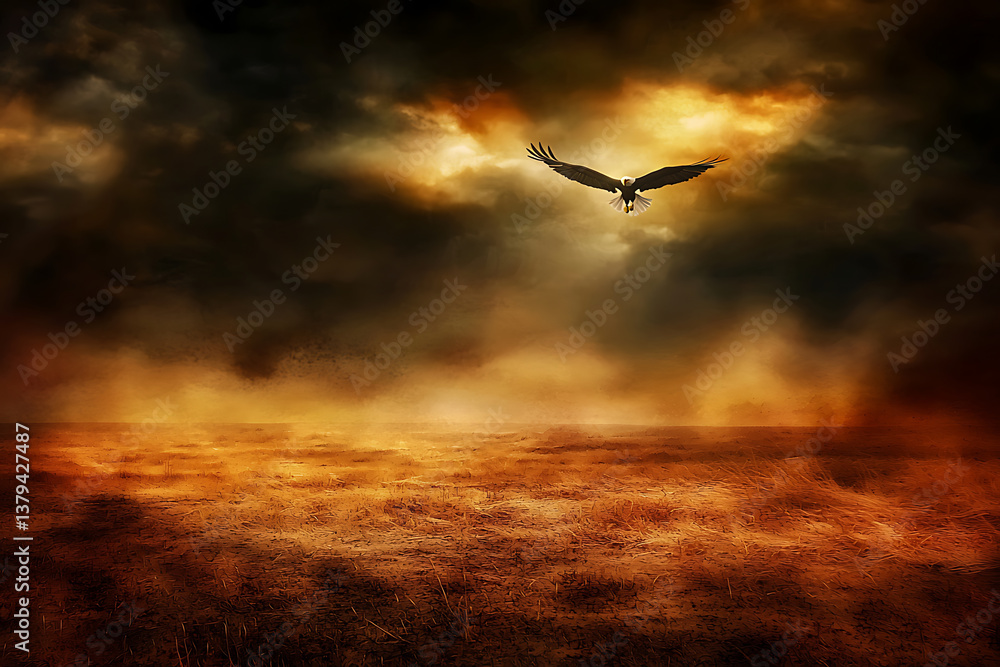 Obraz premium Majestic Eagle Soaring Through a Dramatic, Dusty Sky Over Golden Fields