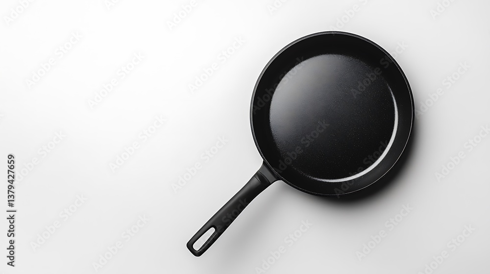 Elevated shot of a sleek, matte black frying pan against a bright white background. Kitchen essential for cooking and meal preparation. Elevated shot of a sleek, matte black frying pan against a bright white background. Kitchen essential for cooking and meal preparation.