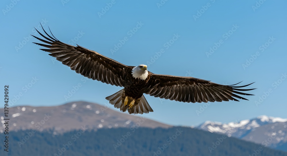 Obraz premium Bald eagle soars gracefully through the clear sky over mountain range
