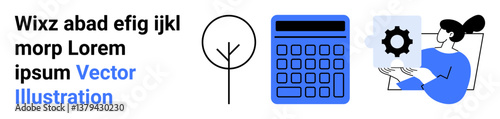 Tree illustration, calculator, woman interacting with a gear panel. Ideal for technology, productivity, design, collaboration, education, office tools simple landing page