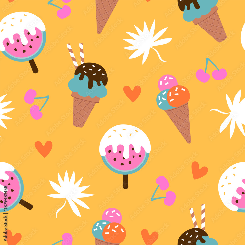 Fototapeta premium Colorful Ice cream seamless pattern. Background with ice cream, hearts, cherry, and leaves. 