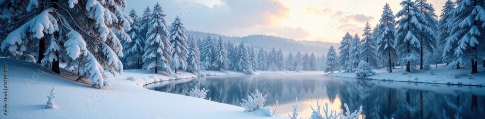 Obraz premium Winter forest with snow-covered trees and frozen lake, trees, forest, ice