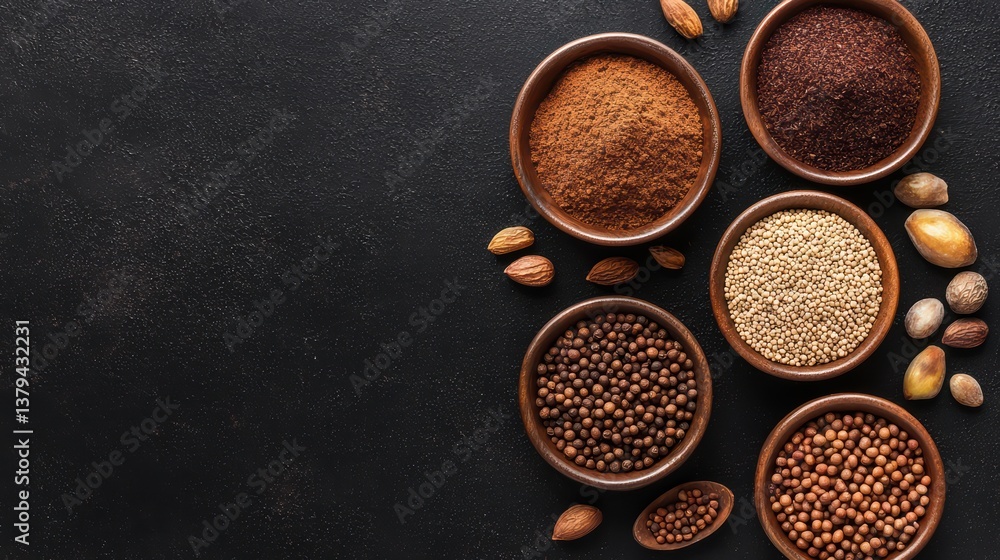 Assorted spices and seeds in wooden bowls on a dark surface Assorted spices and seeds in wooden bowls on a dark surface