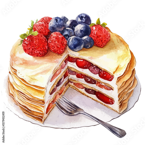 watercolor vector of Mille Crepe Cake, isolated on a white background. Mille Crepe Cake vector

