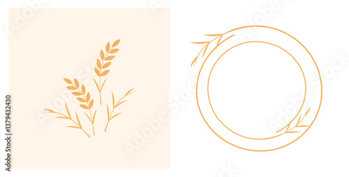 Rice or wheat plant logo signs on light brown background. Rice plate sign logo in doodle style isolated on white background vector.