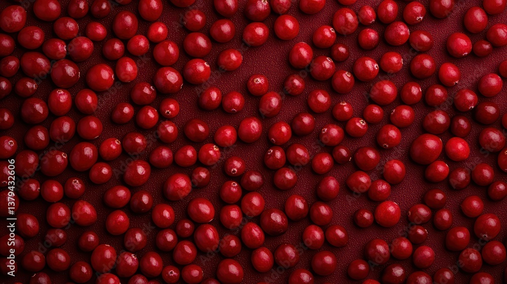 Fresh cranberries scattered on a red surface Fresh cranberries scattered on a red surface