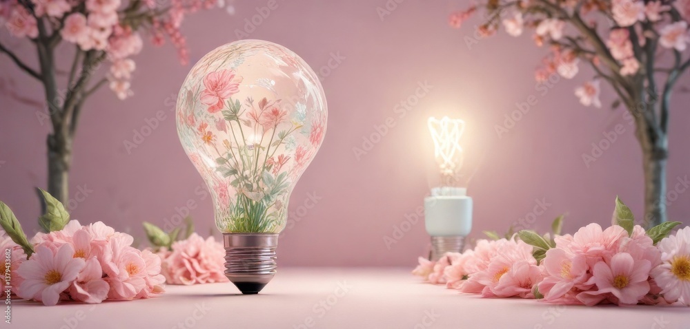 Whimsical illustration of a light bulb with floral patterns and pastel colors, decoration, minimalist, illustrative Whimsical illustration of a light bulb with floral patterns and pastel colors, decoration, minimalist, illustrative