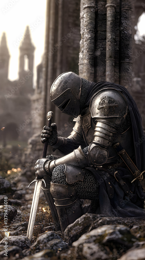 Penitent Knight in Gray Armor Amidst Ruins at Sunset Penitent Knight in Gray Armor Amidst Ruins at Sunset