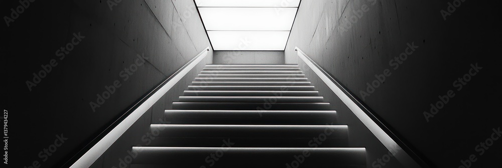 Fototapeta premium Minimalist staircase ascending to bright light with concrete walls
