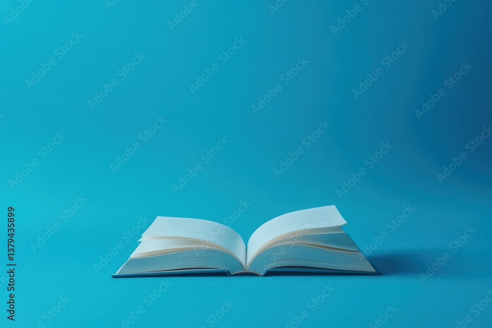 An open book on a solid blue colored background An open book on a solid blue colored background