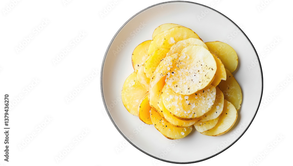 a plate of neatly arranged golden potato slices lightly seasoned a plate of neatly arranged golden potato slices lightly seasoned