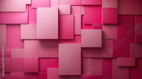 A textured wall of pink squares in varying shades and sizes creates a vibrant visual display.