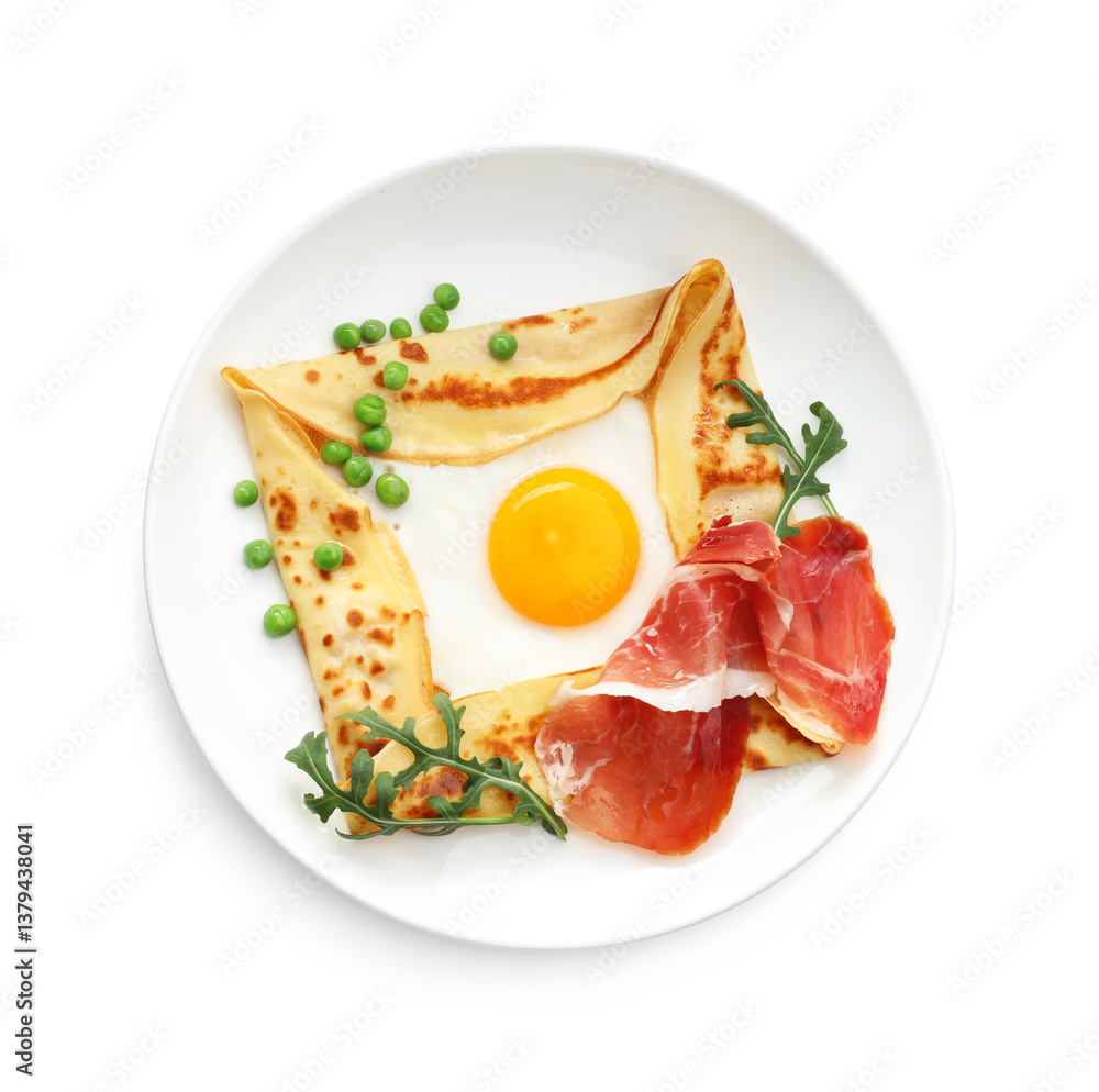 Delicious crepe with egg, bacon, green peas and arugula isolated on white, top view Delicious crepe with egg, bacon, green peas and arugula isolated on white, top view