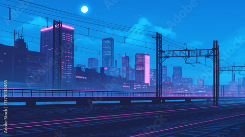 1980年代アニメ風の美しい夜の鉄道風景イラスト｜満月とビル群、線路と高架が生むレトロな都市の静寂｜幻想的で切ないブルーの世界を描く高品質背景素材