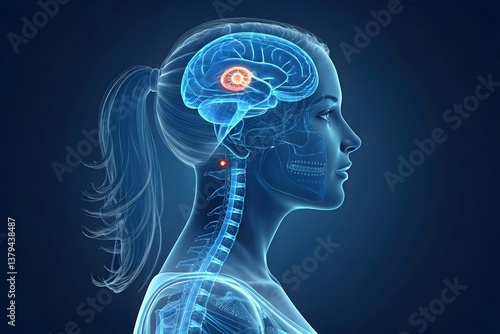 3D medical illustration of a human female head and neck in a side profile view, highlighting the thalamus within the brain