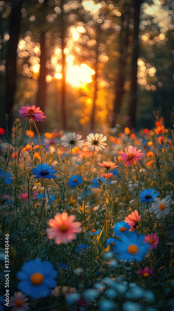 Obraz premium A field of flowers with a bright sun in the background. The sun is shining on the flowers, making them look even more beautiful