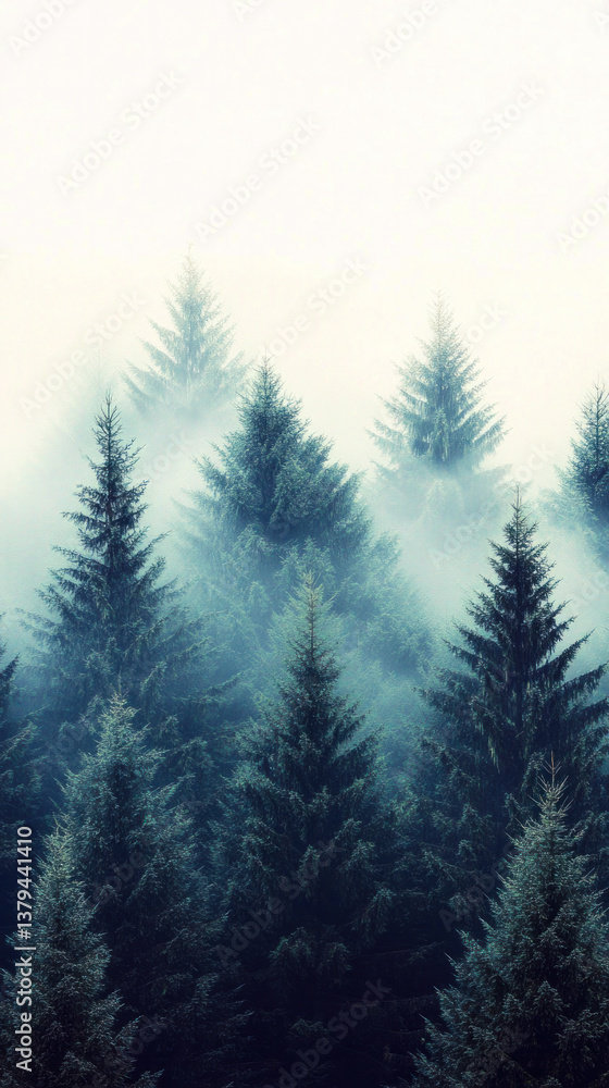A forest of trees with a misty, foggy atmosphere. The trees are tall and green, and the sky is white. Concept of calm and serenity, as well as a feeling of being in a peaceful A forest of trees with a misty, foggy atmosphere. The trees are tall and green, and the sky is white. Concept of calm and serenity, as well as a feeling of being in a peaceful