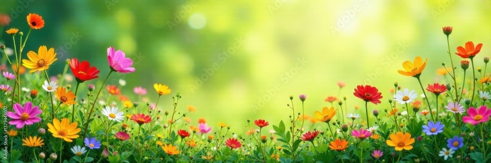 Vibrant wildflowers border a serene meadow , summer, seamless border, insects Vibrant wildflowers border a serene meadow , summer, seamless border, insects