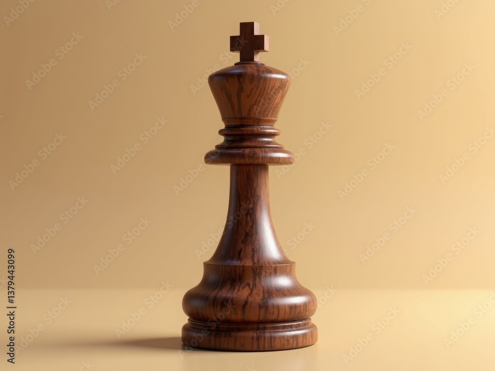A finely crafted wooden chess king stands upright on a beige background, showcasing its smooth finish, visible wood grain, and elegant cross on top A finely crafted wooden chess king stands upright on a beige background, showcasing its smooth finish, visible wood grain, and elegant cross on top