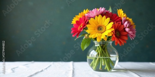 Vase filled with colorful flowers arrangement on white tablecloth, tablecloth, petals, arrangement