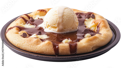 PNG A warm chocolate chip cookie skillet served fresh out of the oven and topped with melted ice cream for an ultimate dessert experience Transparent background