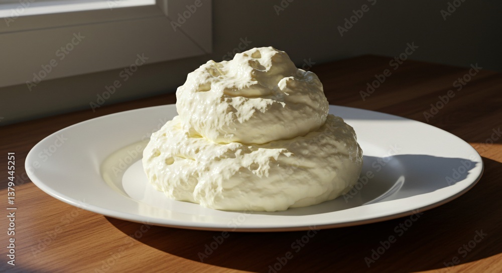 A heap of white cream on a white plate sitting on a wooden table under natural light from a window A heap of white cream on a white plate sitting on a wooden table under natural light from a window