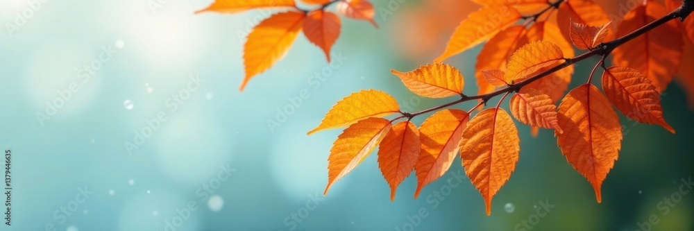 Naklejka premium Tree branch with vibrant orange leaves hanging from it , , nature illustration, fall foliage