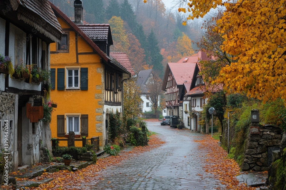 Fototapeta premium Autumn view of village street with yellow and orange trees lining the road
