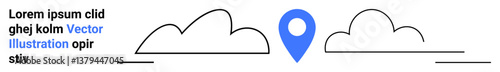 Blue location pin centered between minimal line art clouds, emphasizing navigation, destination, and positioning. Ideal for mapping, travel, minimal design, geography, wayfinding navigation apps