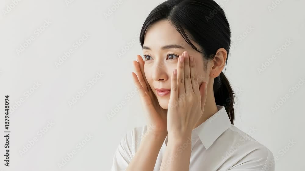 両手を頬にあて、スキンケアをアピールする斜めから見た大人の女性 両手を頬にあて、スキンケアをアピールする斜めから見た大人の女性