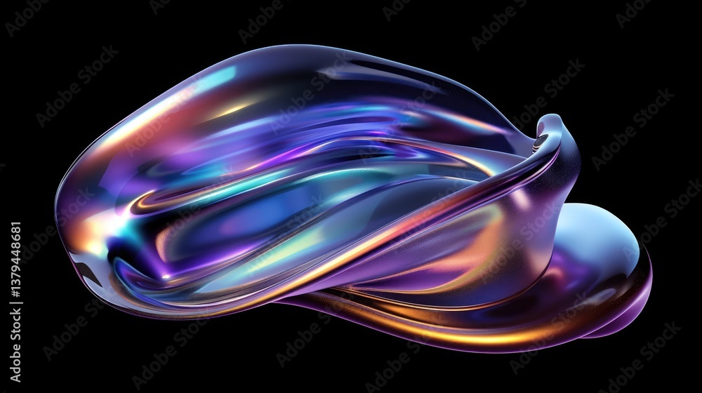 Obraz premium Abstract colorful fluid shape with smooth curves and reflections, set against a black background showcasing vibrant hues