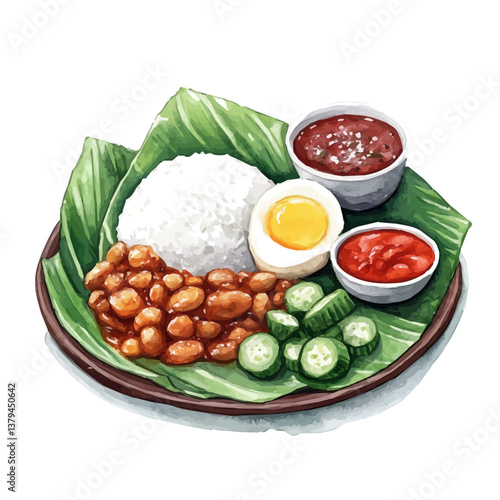 watercolor vector of Nasi Lemak, isolated on a white background. Nasi Lemak vector
