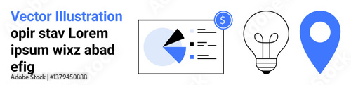 Pie chart and data highlights business insights, light bulb conveys innovation, location marker emphasizes navigation. Ideal for analytics, creativity, education, navigation, finance, strategy
