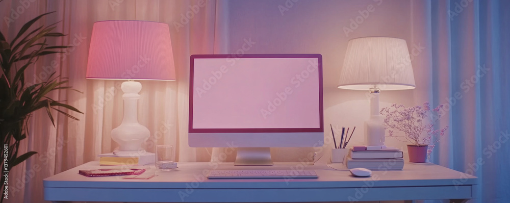 A computer desk with a monitor and two lamps. The monitor is blank and the lamps are pink. The desk is in a room with a window and a potted plant A computer desk with a monitor and two lamps. The monitor is blank and the lamps are pink. The desk is in a room with a window and a potted plant