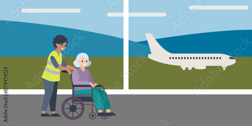 Airport staffer wearing a yellow high-visibility vest assisting old lady in a wheelchair. Airport wheelchair assistance concept