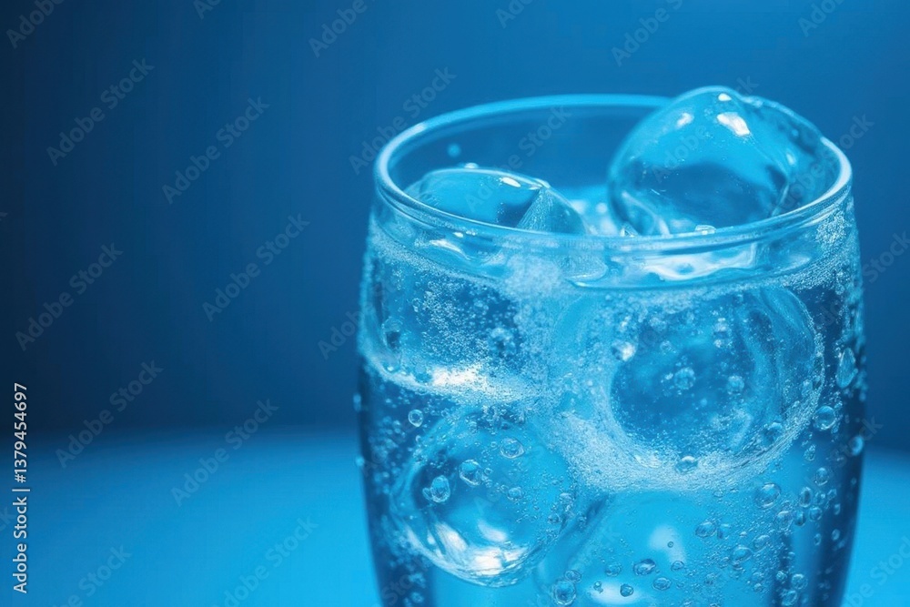 Refreshing cold water glass with droplets isolated background blue light Refreshing cold water glass with droplets isolated background blue light