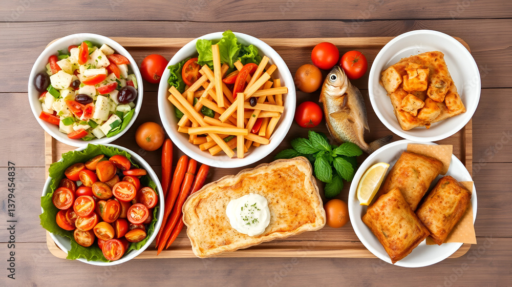 Selection of traditional greek food - salad, meze, pie, fish, tzatziki, dolma on wood background, top view Selection of traditional greek food - salad, meze, pie, fish, tzatziki, dolma on wood background, top view