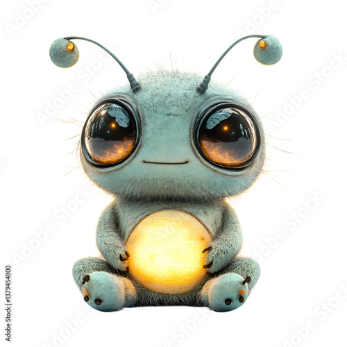 Fluffy 3D Cartoon Alien with Plush Antennae and Big Eyes Isolated on Transparent Background