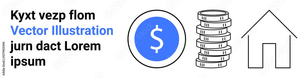 Coin with dollar sign, coin stacks, and house outline emphasizing financial growth, saving, investment, and property ownership. Ideal for banking, wealth, budgeting real estate lending mortgage Coin with dollar sign, coin stacks, and house outline emphasizing financial growth, saving, investment, and property ownership. Ideal for banking, wealth, budgeting real estate lending mortgage