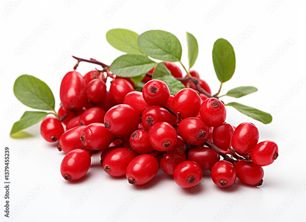 Fresh Barberry Berries with Green Leaves on a White Surface Fresh Barberry Berries with Green Leaves on a White Surface