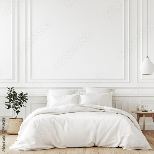 Minimalist White Bedroom with Cozy Bedding and Wooden Accents