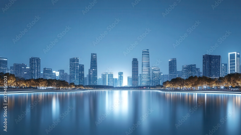 Fototapeta premium Modern Cityscape at Night with Reflecting Water