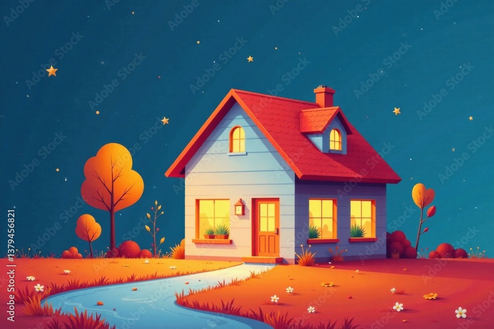 Fototapeta premium Simple illustration of a house with lines connecting rooms and the ground, symbolizing family bond, connection, home, lines