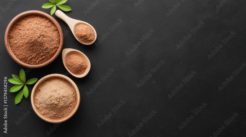 Assorted natural powders in wooden bowls on dark background Assorted natural powders in wooden bowls on dark background