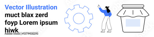 Gear symbol, person gesturing upwards, and jar with lid suggest progress, creativity, innovation, development, guidance, organization and design. Ideal for branding workflow tutorials idea